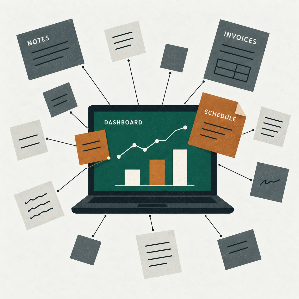 Illustration of a laptop showing a simple dashboard, connected to notes, invoices, and a schedule scattered around it