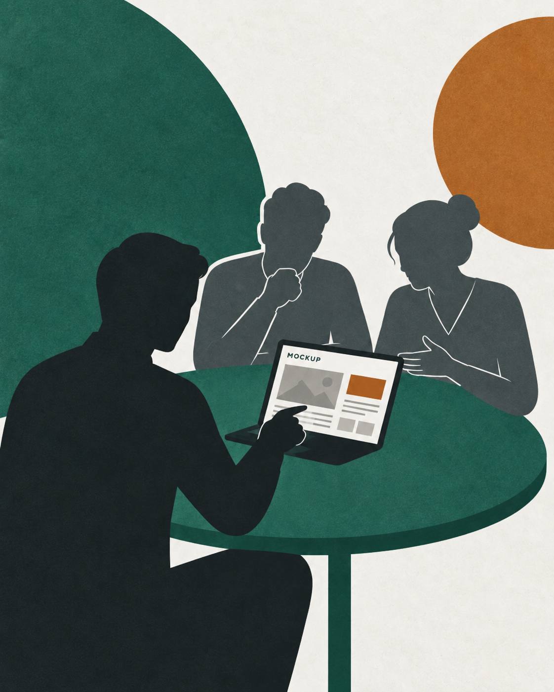Illustration of three people at a round table, one showing the other two a website on a laptop