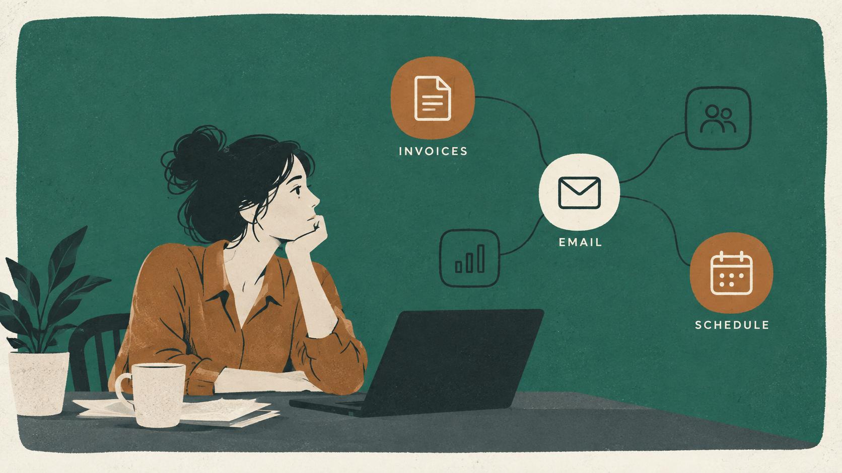 Illustration of a person at a laptop, chin in hand, while icons for invoices, email, and scheduling link together on the wall behind them