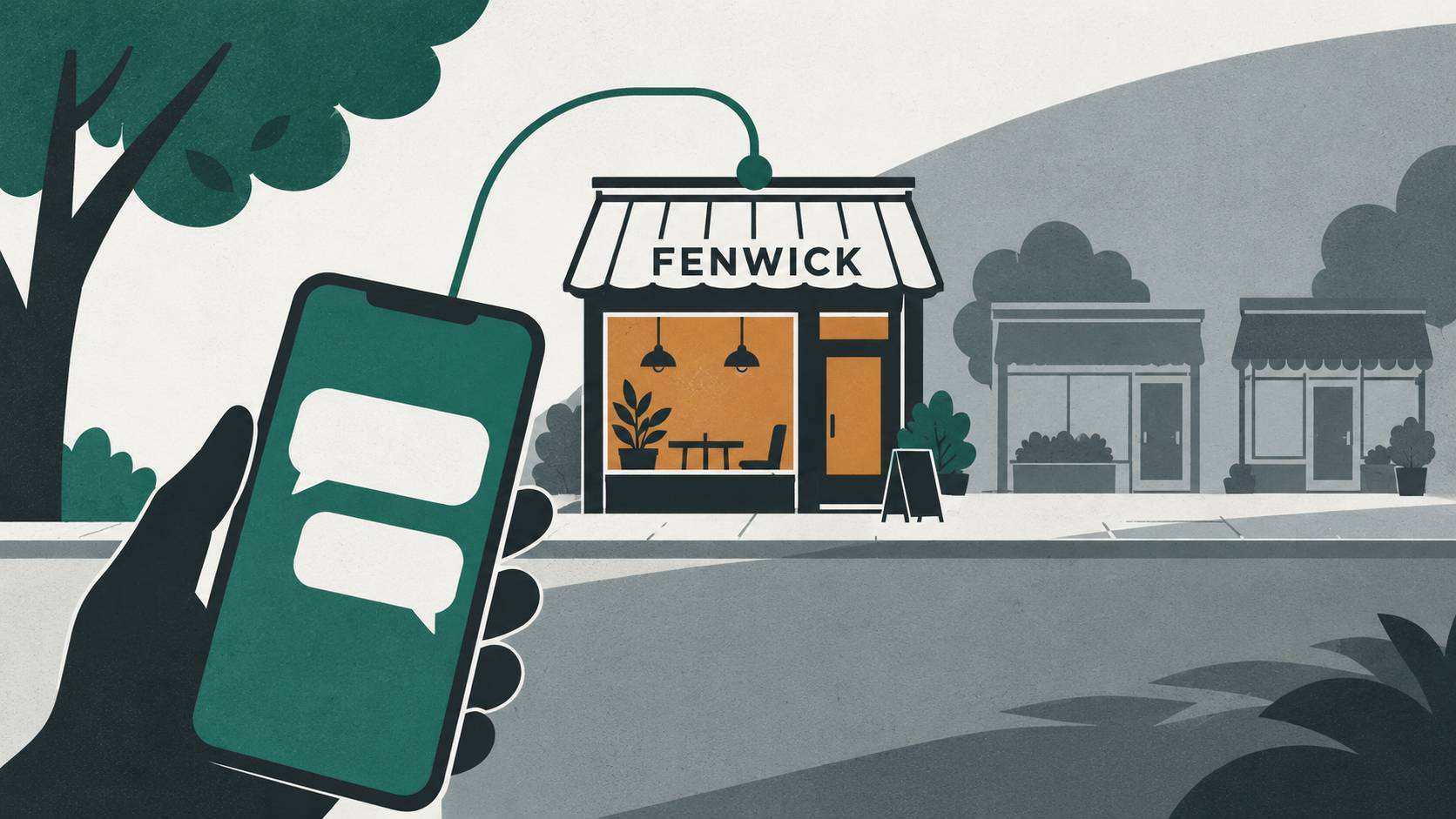 Illustration of a hand holding a phone with a chat conversation on screen, a green line running from the phone to a warmly lit corner shop while two gray storefronts beside it fade into the background
