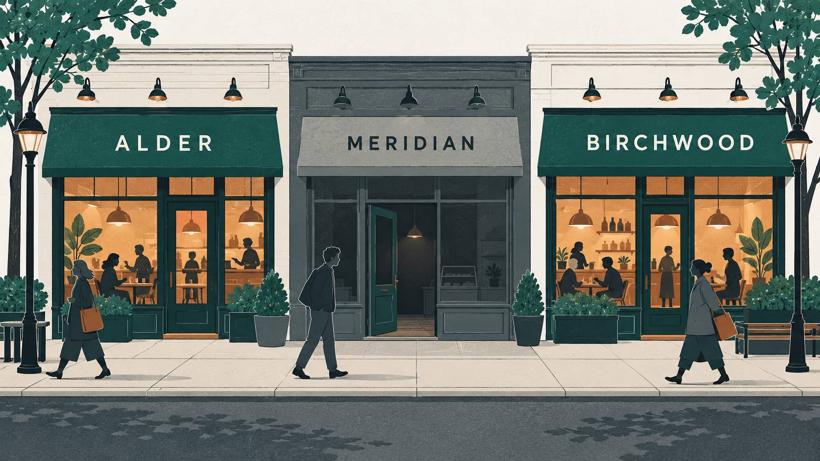 Illustration of a row of shops: two warmly lit, busy cafés on either side of a dark, empty storefront whose door stands ajar as people walk past it