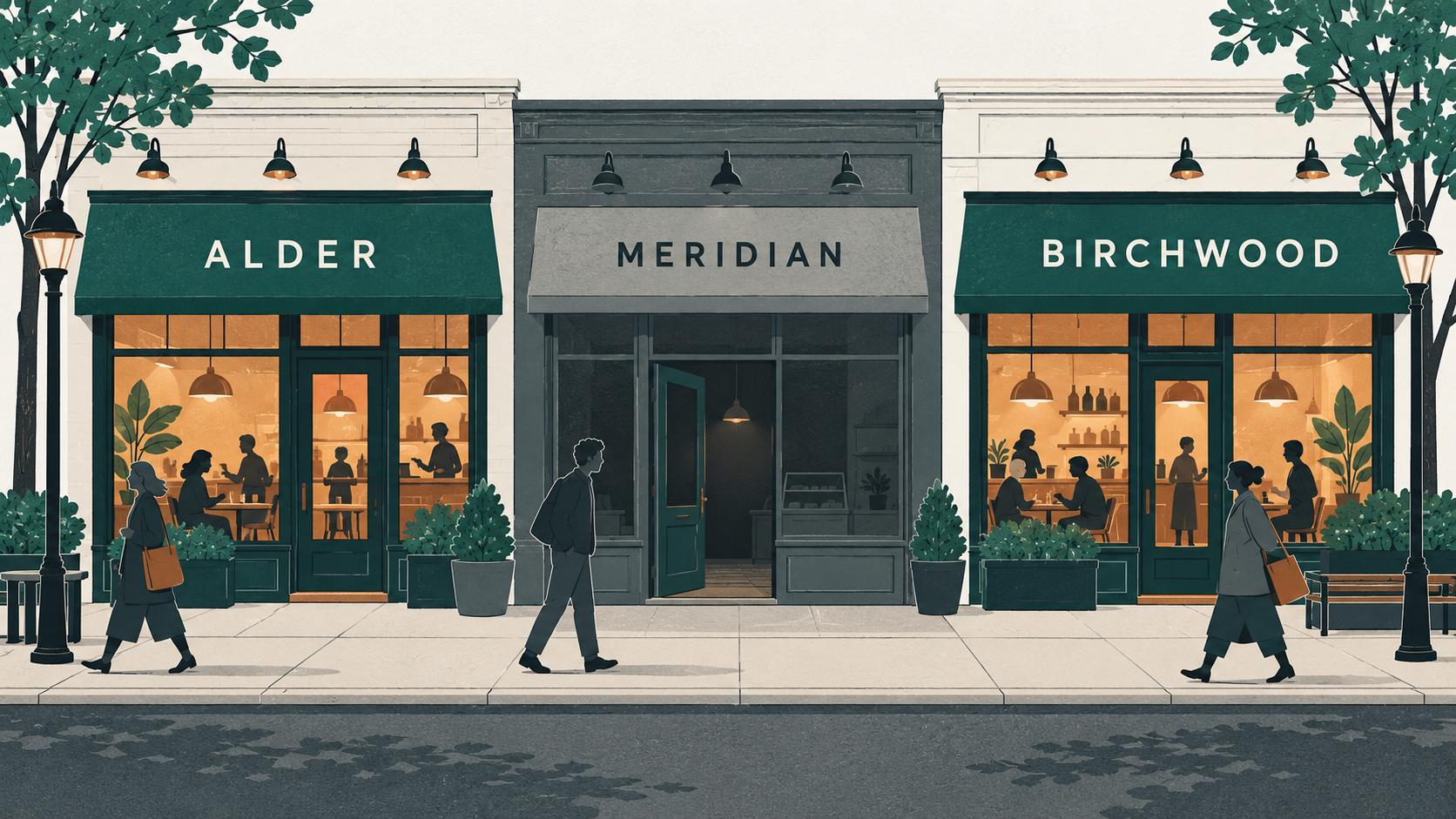 Illustration of a row of shops: two warmly lit, busy cafés on either side of a dark, empty storefront whose door stands ajar as people walk past it