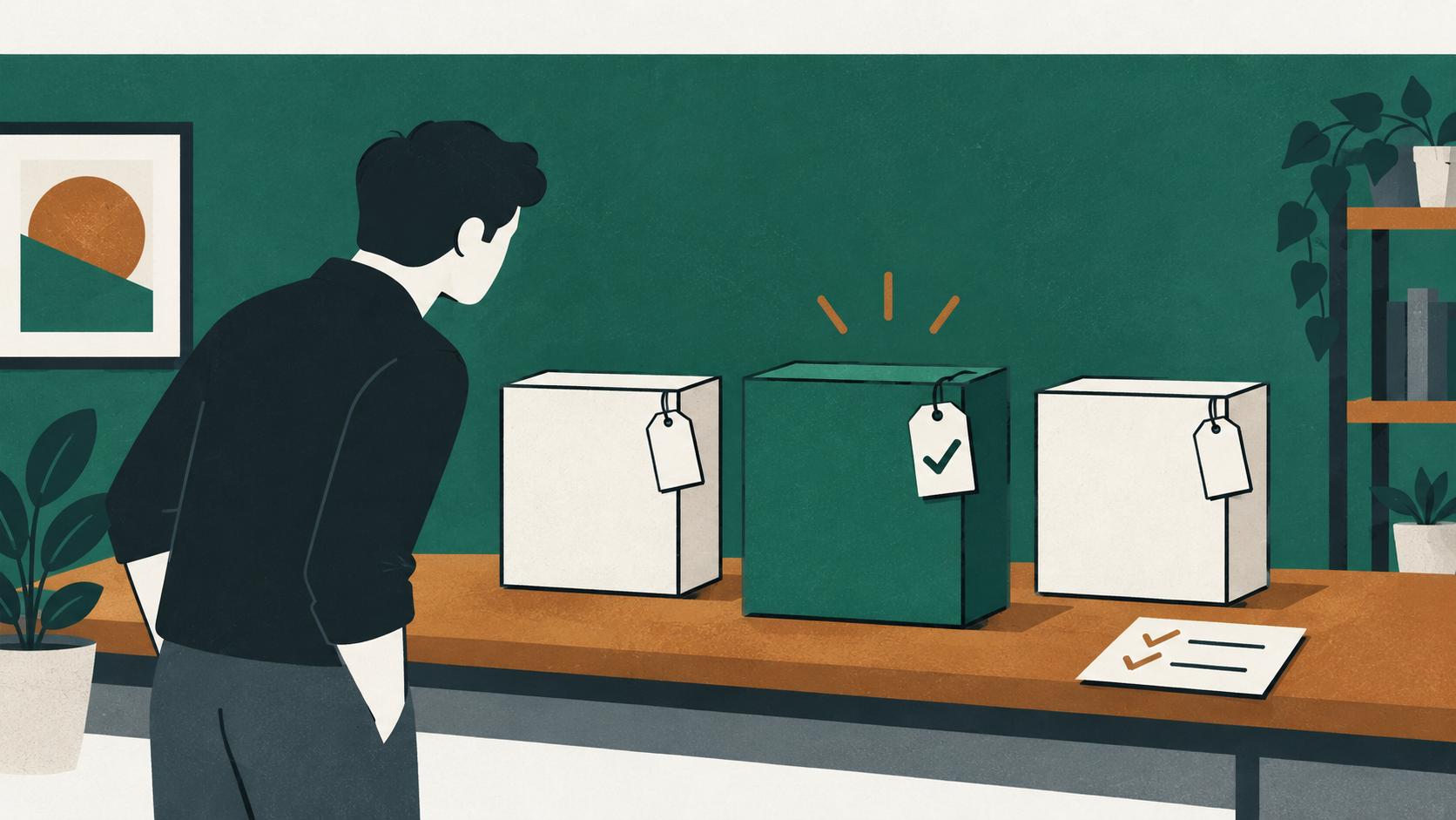 Illustration of a person weighing three boxes on a table, each with a tag, the green one in the middle marked with a check beside a short checklist
