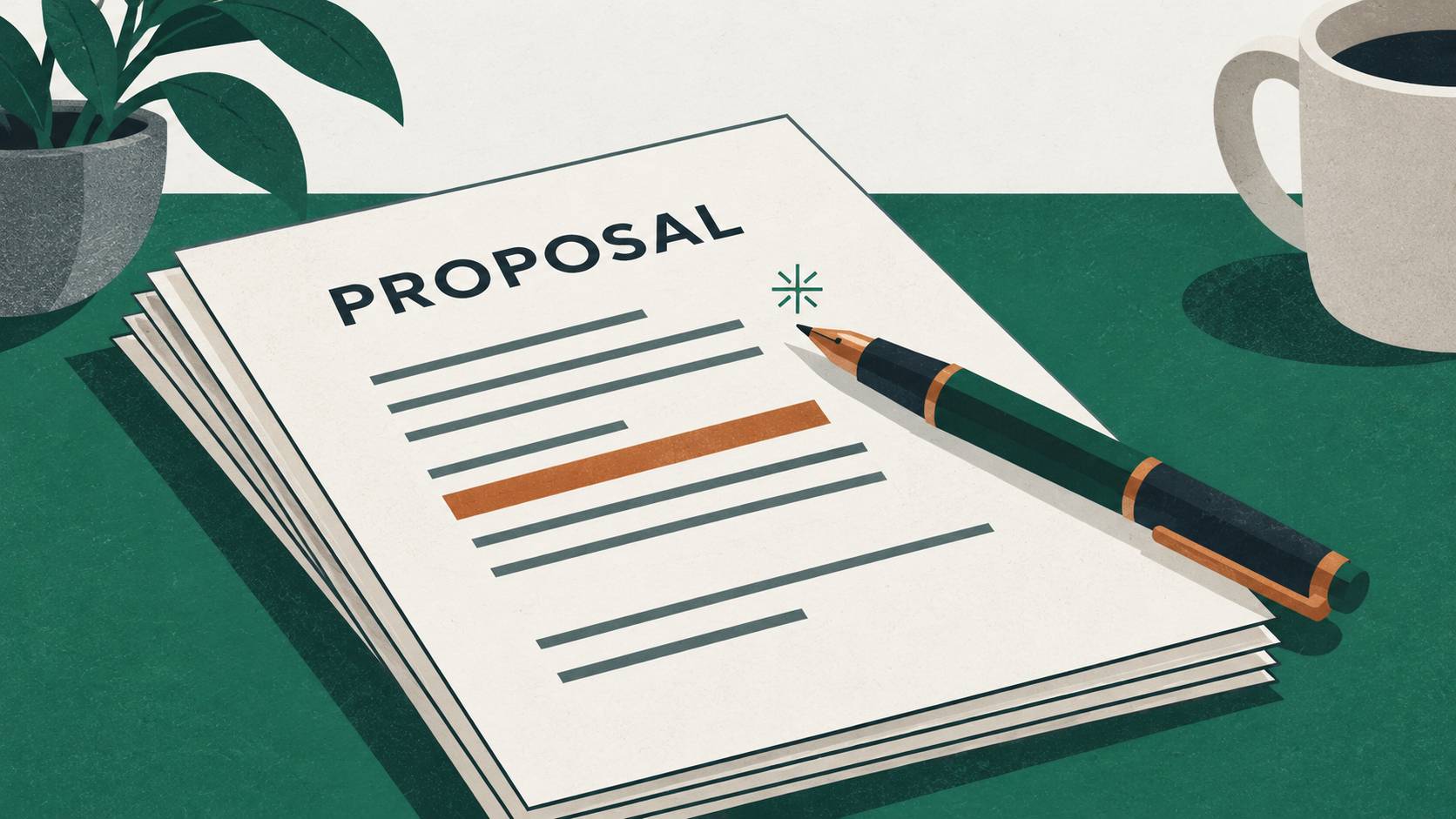 Illustration of a stack of proposal pages with one line highlighted, a fountain pen, and a small spark, next to a cup of coffee and a plant