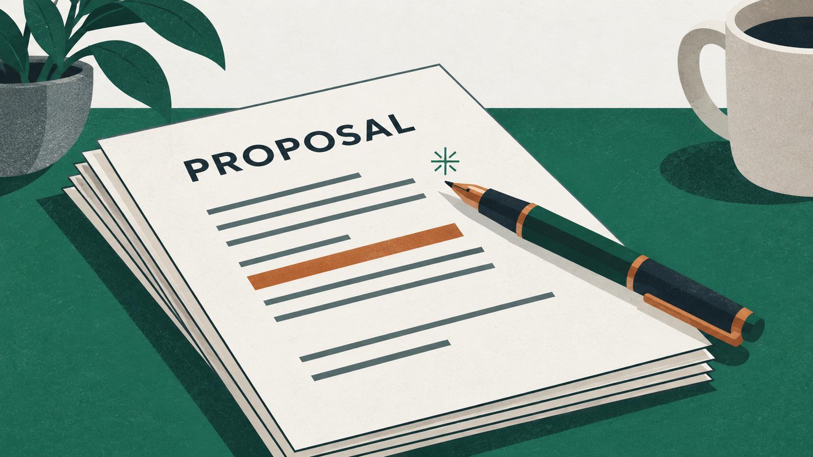 Illustration of a stack of proposal pages with one line highlighted, a fountain pen, and a small spark, next to a cup of coffee and a plant